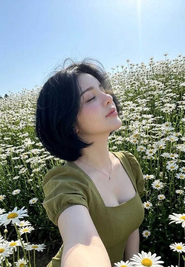 使用所附照片进行创作——保留完全一致的身份、面部结构、骨骼形状和比例——不得更改面部特征或核心形态；仅应用指定的更新内容。 发型规格——超详细：短款、蓬松、深…