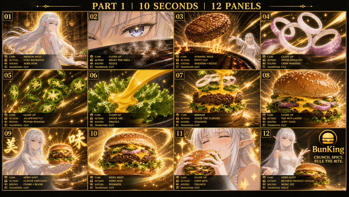 分镜表 + 其背后逐字对应的 GPT Image 2 提示词 👇 { "type": "anime cooking-commercial storyboard…