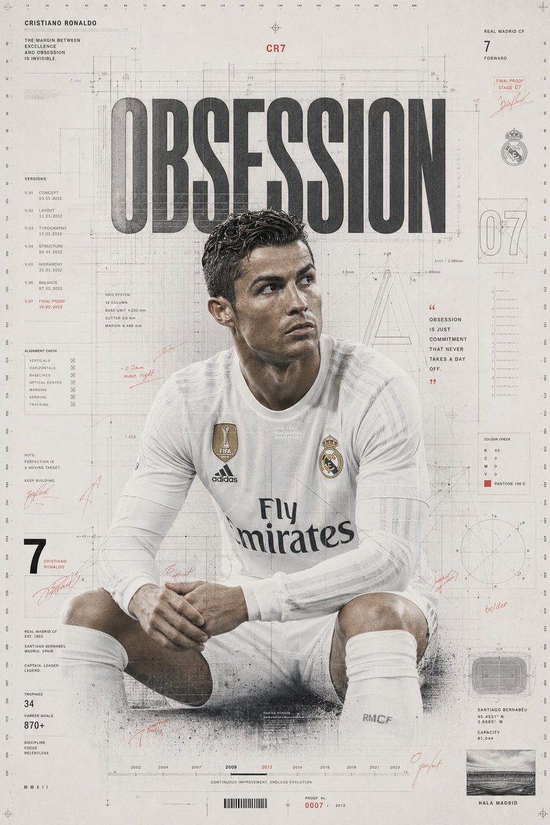 创作一款屡获大奖的典藏版克里斯蒂亚诺·罗纳尔多（Cristiano Ronaldo）海报，通过顶级平面设计的语言，探寻"痴迷"这一无形的概念。整幅作品不应给人…