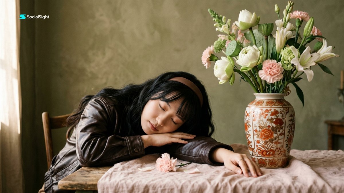 一幅电影感的美术工作室人像摄影：一位年轻的东亚女性将头安静地依偎在交叠的双臂上，身旁是一只高大的陶瓷花纹花瓶，瓶中插着优雅的莲花、白色百合、淡粉色康乃馨与柔和…