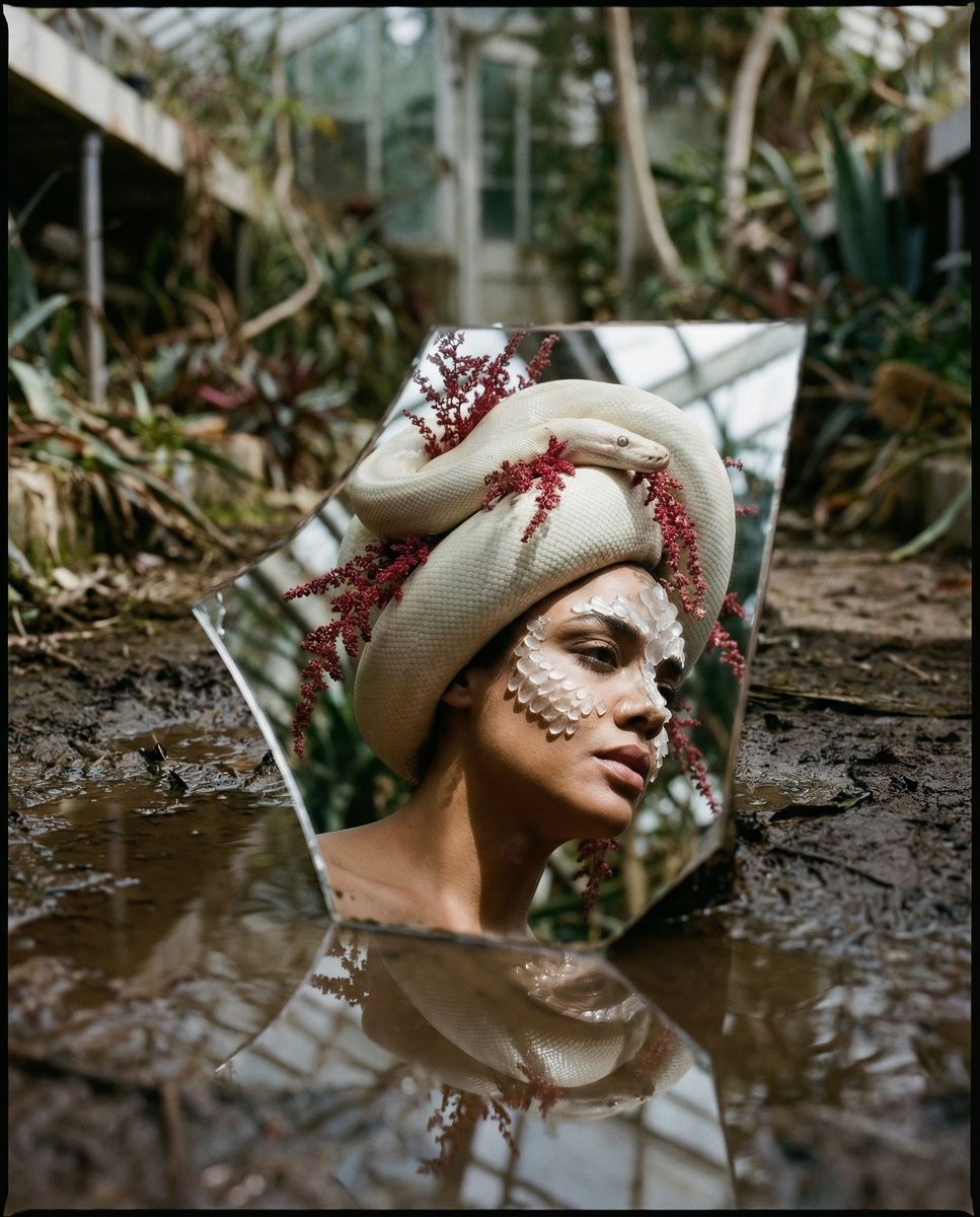 { "vibe_title_en": "Fractured Serpent Sanctuary", "master_prompt": "一张超写实、前卫的编辑…