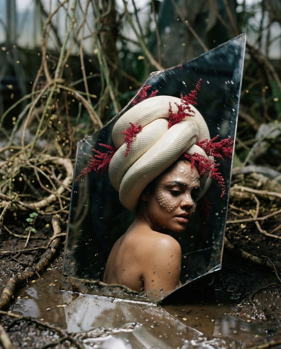 { "vibe_title_en": "Fractured Serpent Sanctuary", "master_prompt": "一张超写实、前卫的编辑摄影作品。相机完全聚…