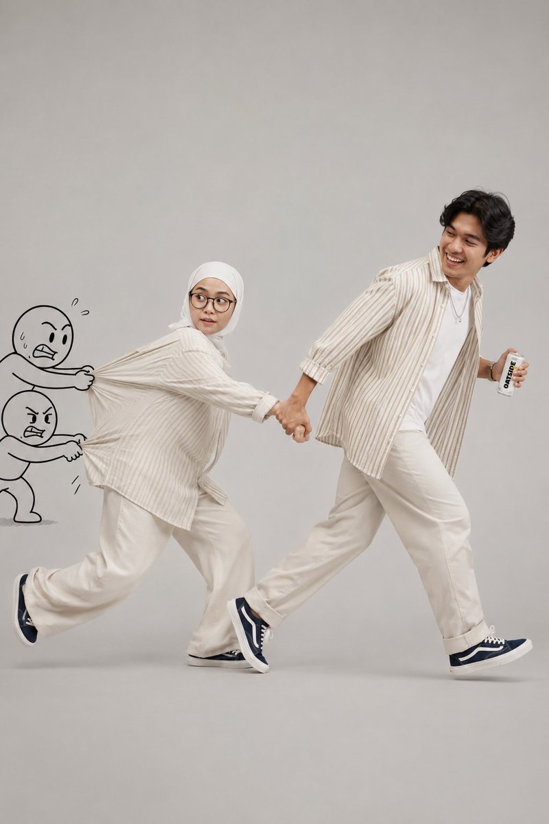 GPT image 2 on the Chatgpt ai Prompt 👇 1. 一幅干净、高调工作室人像，拍摄一对时尚年轻穆斯林情侣在浅灰色无缝背景上以玩笑跑动姿态。女子戴着…