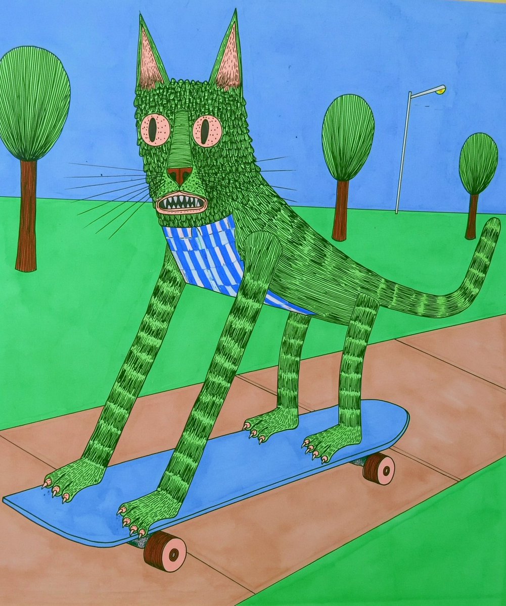 一只可爱的拟人化猫咪踩在滑板上,简洁粗线条轮廓,摆出俏皮的姿势,在欢乐公园里沿着平坦的人行道滑行,背景细节极简 --ar 5:6 --raw --sref 751587208 -…