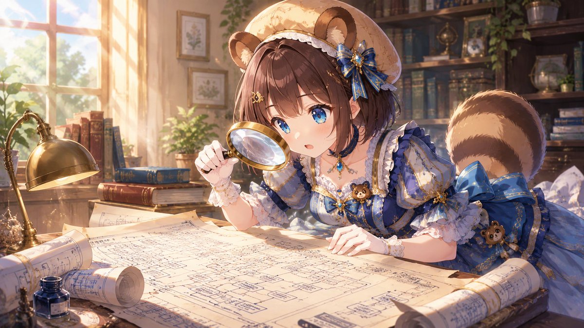豪华装扮的狸猫娘，手持放大镜仔细端详复杂的软件设计图。动漫风格，明亮的晨光，16:9。 * Negative Prompt: (worst quality…