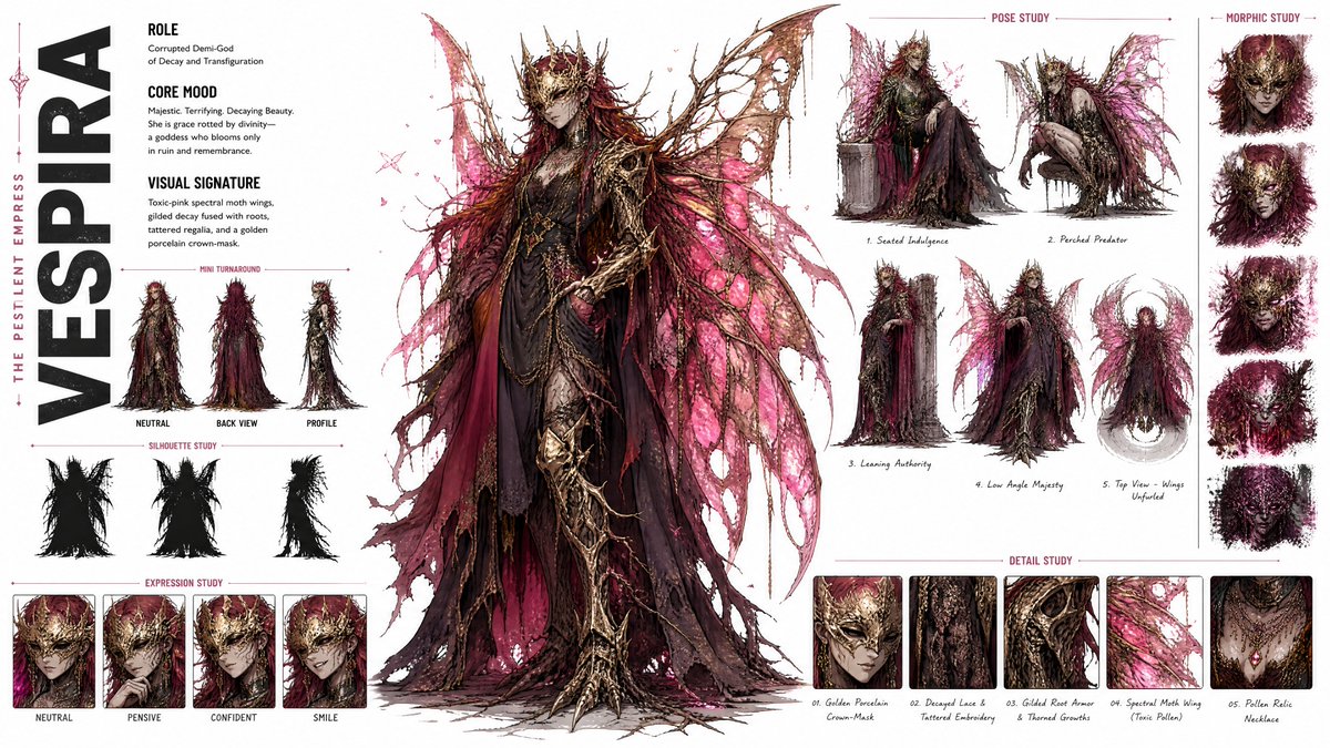 创建一个高端、现代的时尚风格角色概念设定表（CHARACTER CONCEPT ART SHEET），采用 16:9 宽屏布局，置于纯白背景上，并严格遵循以下…