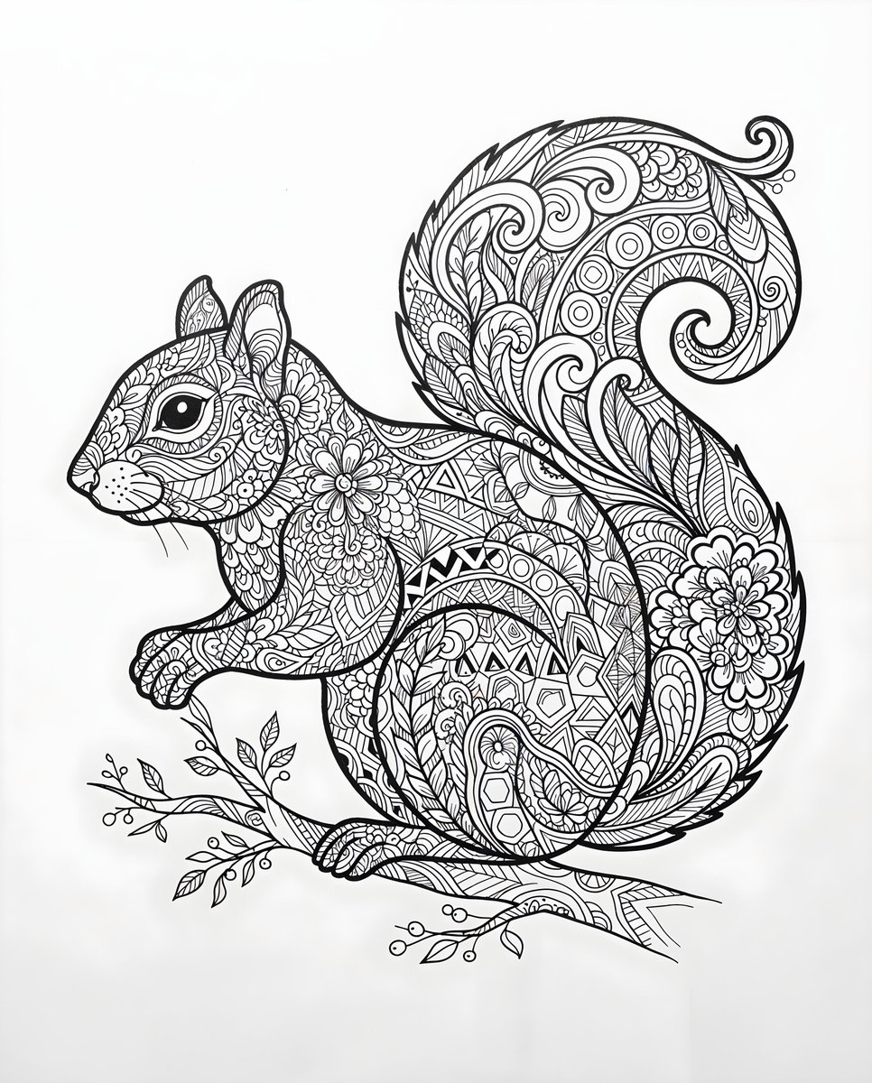 一幅黑白线条画描绘了一只侧面朝左的松鼠。松鼠身上装饰着各种图案和设计,类似禅绕画或成人涂色页。它的身体布满了花卉图案、鳞片、漩涡和几何形状。它的尾巴又大又卷曲…