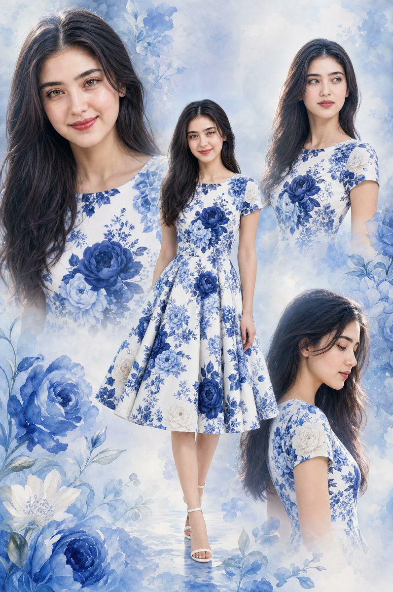 一张精美的多层照片拼贴画，画面中是一位由 AI 原创生成的成年美丽年轻女性。此人并非真实存在。 服装：完全相同的蓝白花卉印花收腰大摆连衣裙，搭配大型深蓝色玫瑰、浅蓝色玫瑰、白玫瑰…