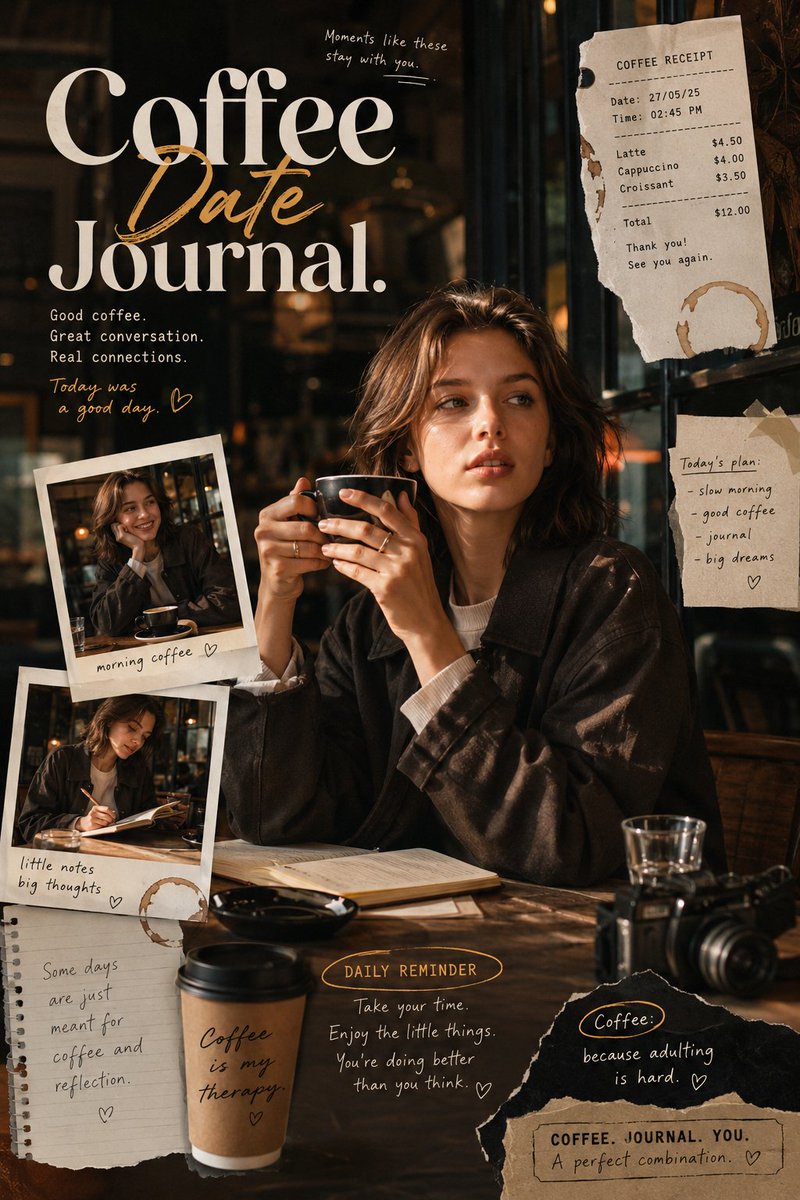 受《Coffee Date Journal》启发的编辑风格海报，营造温暖而亲密的咖啡馆叙事氛围，仿佛捕捉现代咖啡馆日记中的私人瞬间。构图融合真实的生活方式摄影…