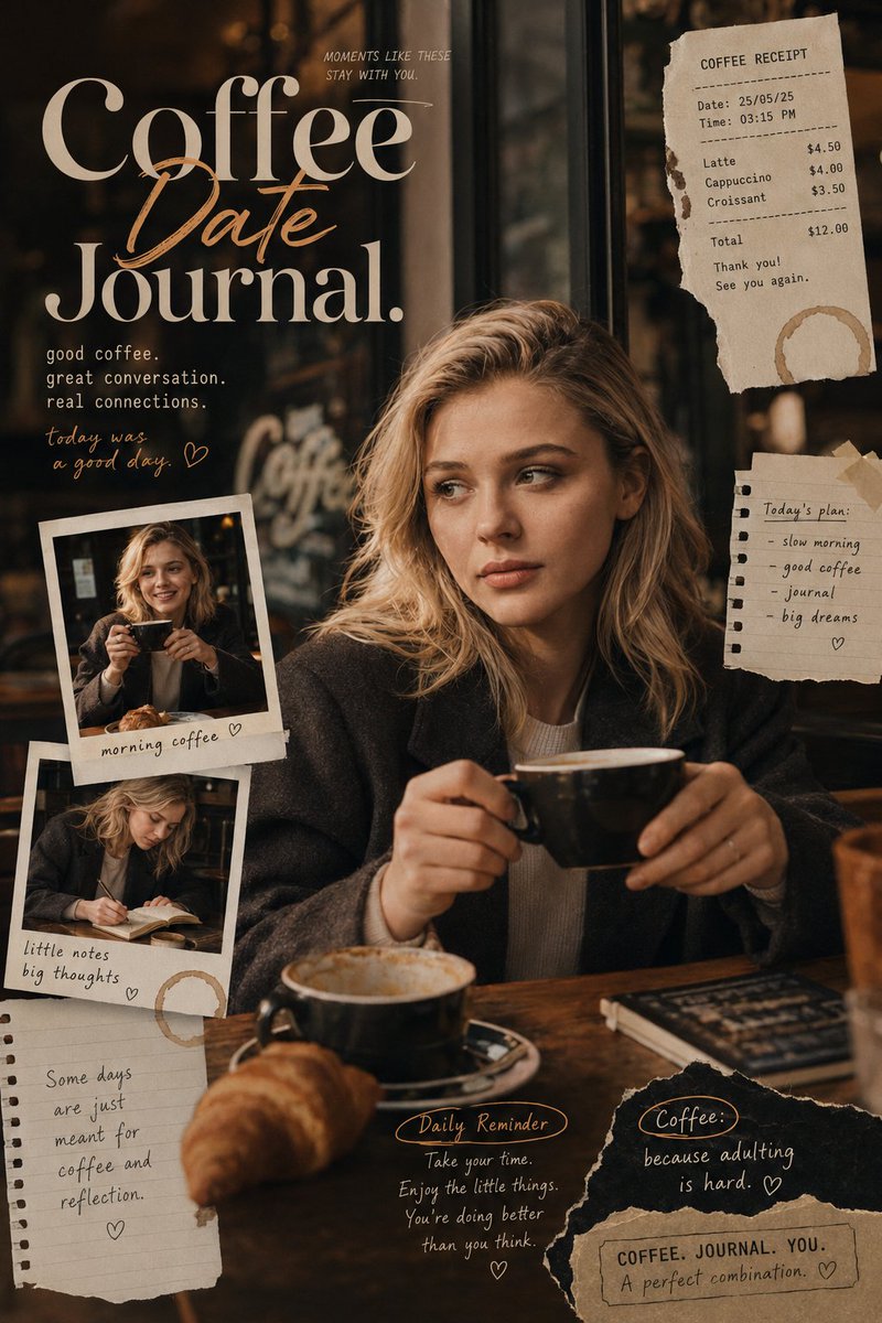 受《Coffee Date Journal》启发的编辑风格海报，营造温暖而亲密的咖啡馆叙事氛围，仿佛捕捉现代咖啡馆日记中的私人瞬间。构图融合真实的生活方式摄影与富有创意的日记式版…