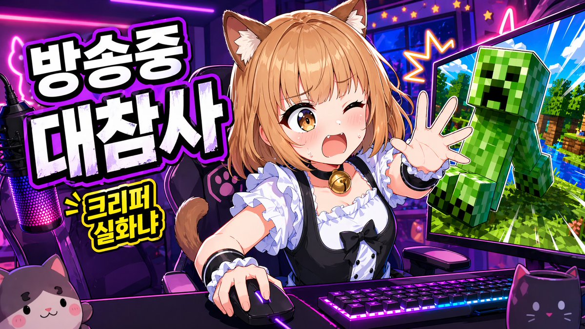 为一场游戏直播创建一个充满活力的动漫风格 YouTube 缩略图,采用宽幅 16:9 版式。场景设定在霓虹紫与粉色的主播房间内。在画面中央,展示一位可爱的猫娘…