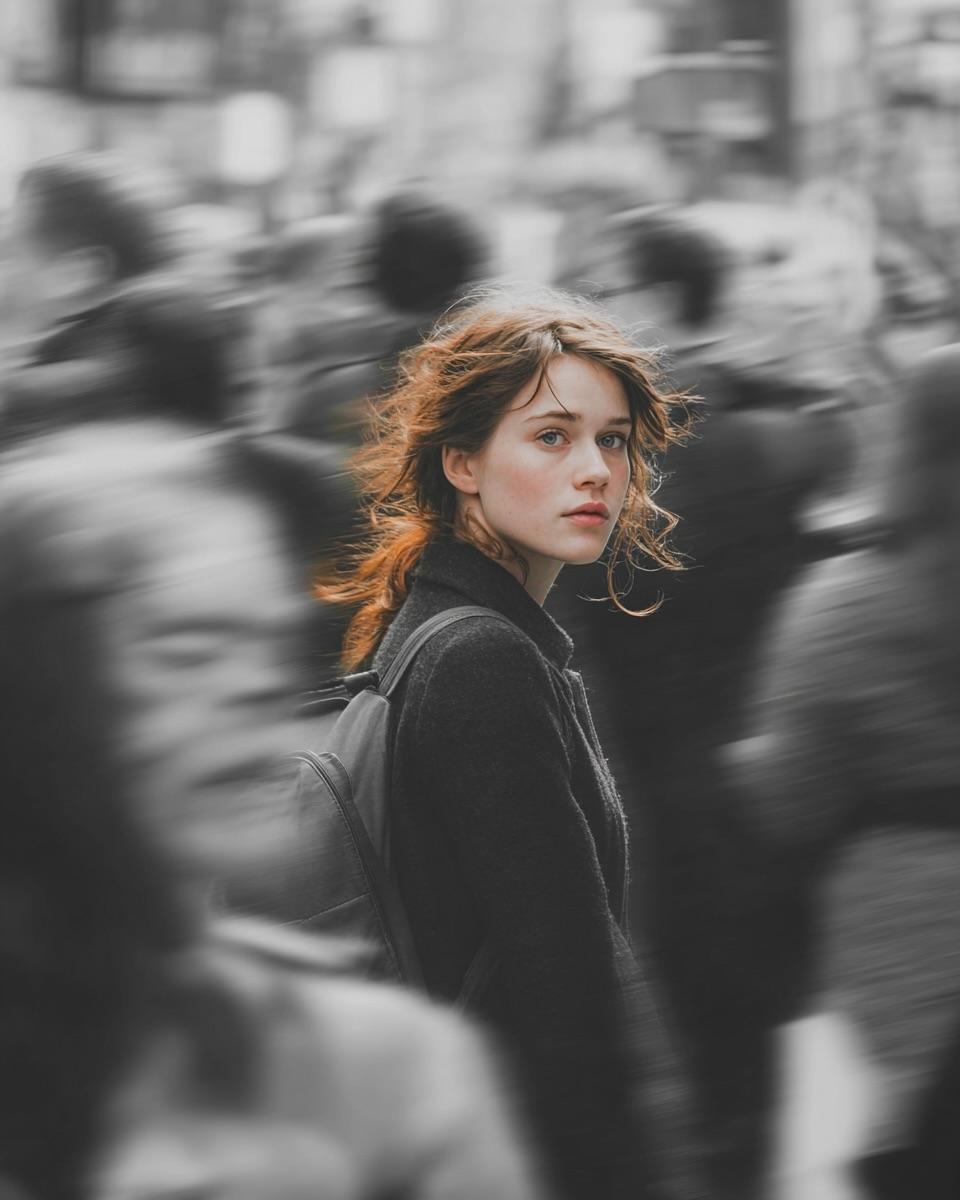 一张电影感的街头人像：一位年轻女子穿行于拥挤的城市之中,主体保持锐利清晰,而周围的行人则通过大幅度的追拍运动效果呈现为模糊。整个画面为黑白单色,唯独她身上那件深藏青色(或其他可选…