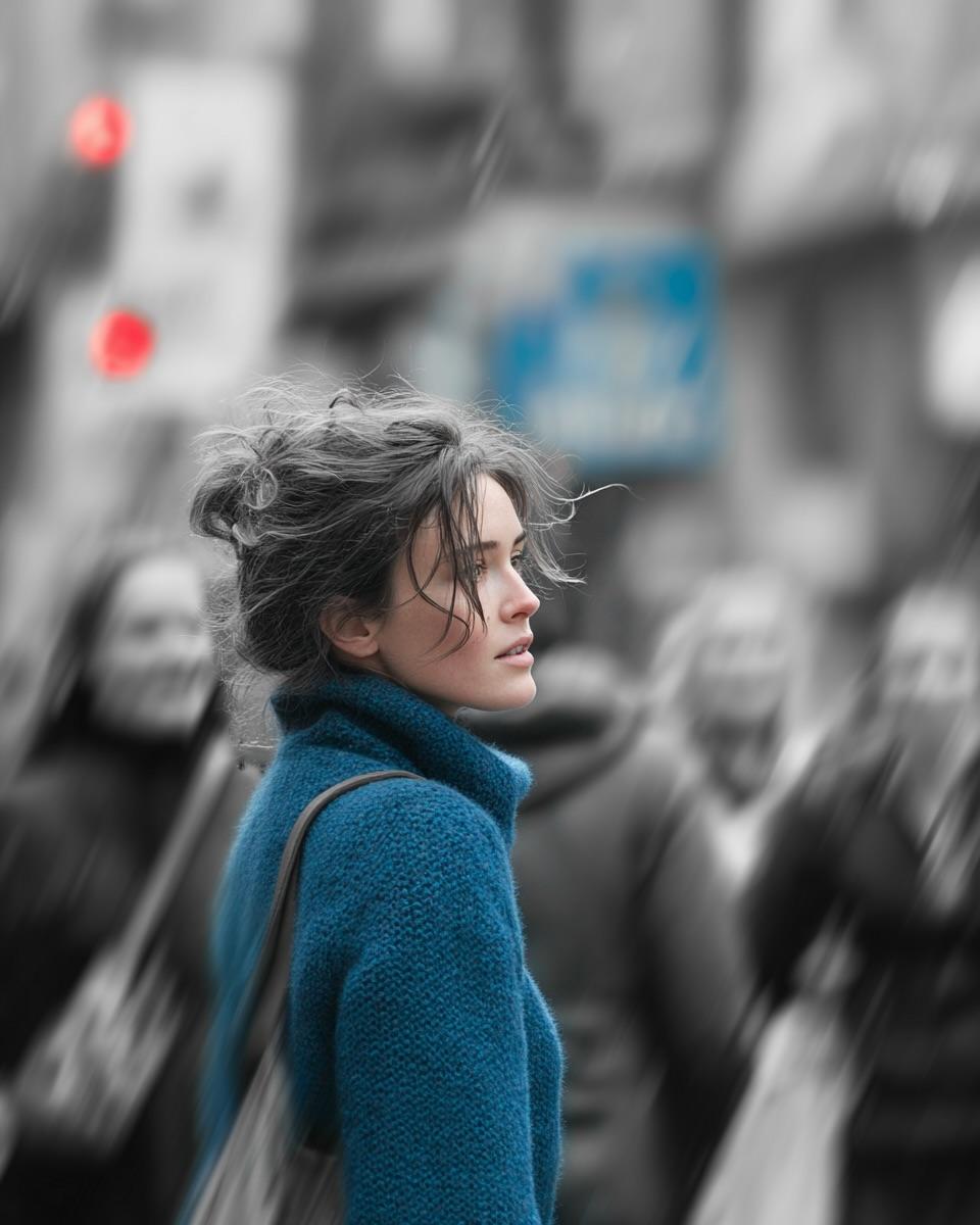 一张电影感的街头人像：一位年轻女子穿行于拥挤的城市之中,主体保持锐利清晰,而周围的行人则通过大幅度的追拍运动效果呈现为模糊。整个画面为黑白单色,唯独她身上那件深藏青色(或其他可选…