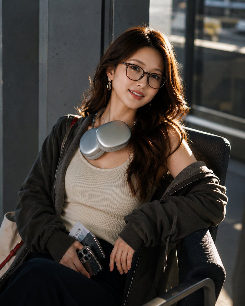 超写实时尚人像摄影：一位美丽的年轻东亚女性，站在现代机场航站楼的水泥柱旁。长长的波浪状深棕色头发，肌肤无瑕散发光泽，妆容自然，佩戴优雅的金色水滴形耳环。她身穿…