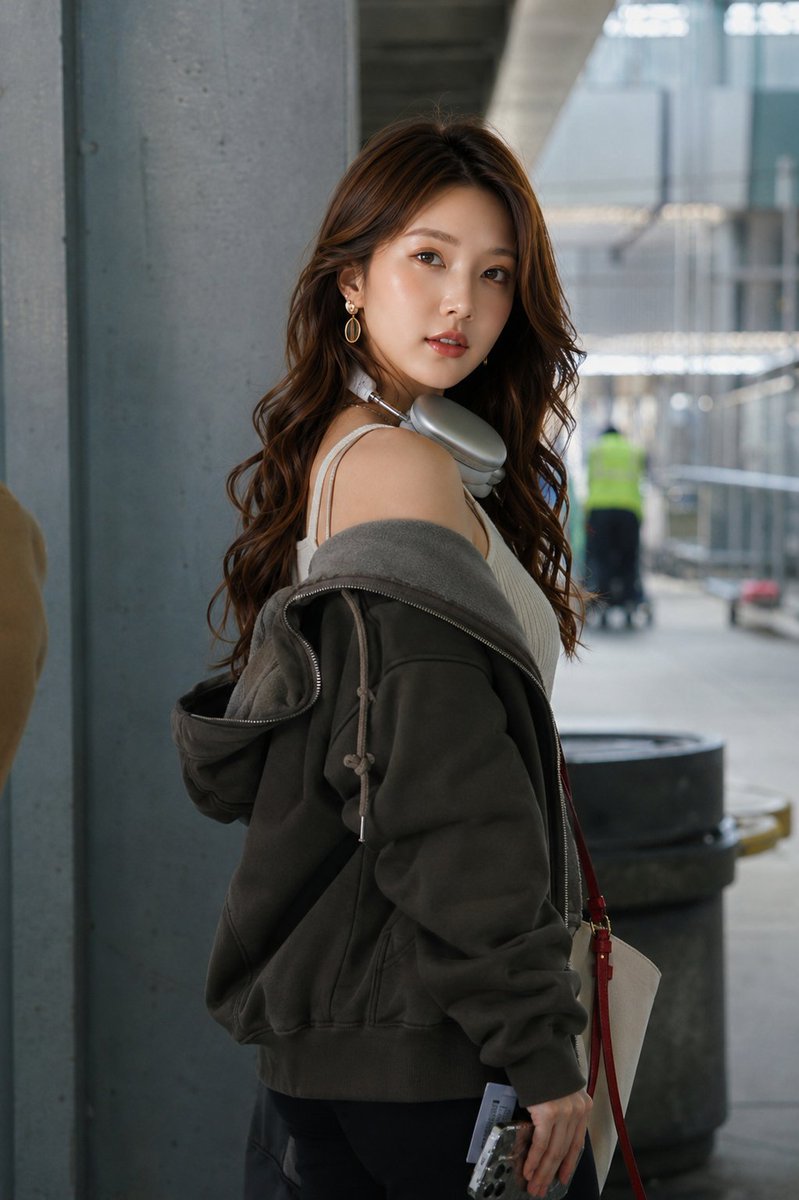 超写实时尚人像摄影:一位美丽的年轻东亚女性,站在现代机场航站楼的水泥柱旁。长长的波浪状深棕色头发,肌肤无瑕散发光泽,妆容自然,佩戴优雅的金色水滴形耳环。她身穿一件宽松的炭灰色拉链…