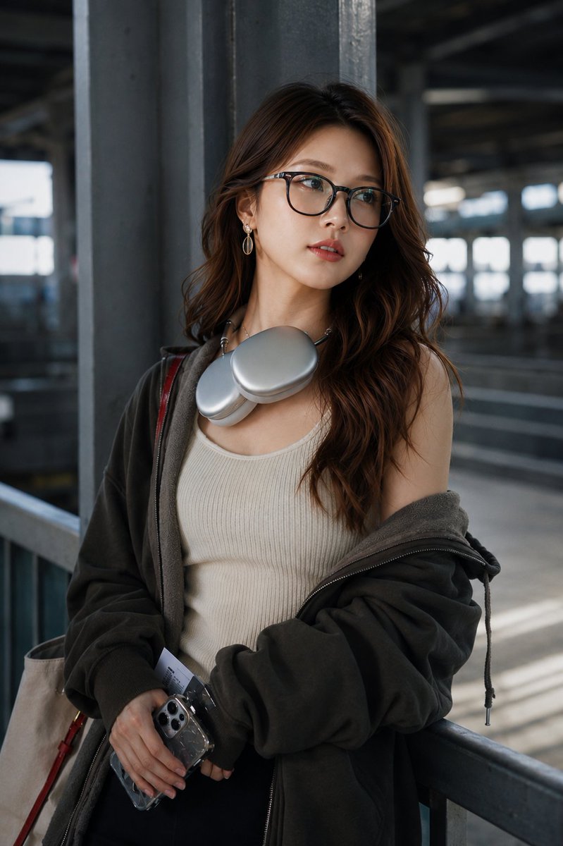 超写实时尚人像摄影:一位美丽的年轻东亚女性,站在现代机场航站楼的水泥柱旁。长长的波浪状深棕色头发,肌肤无瑕散发光泽,妆容自然,佩戴优雅的金色水滴形耳环。她身穿一件宽松的炭灰色拉链…