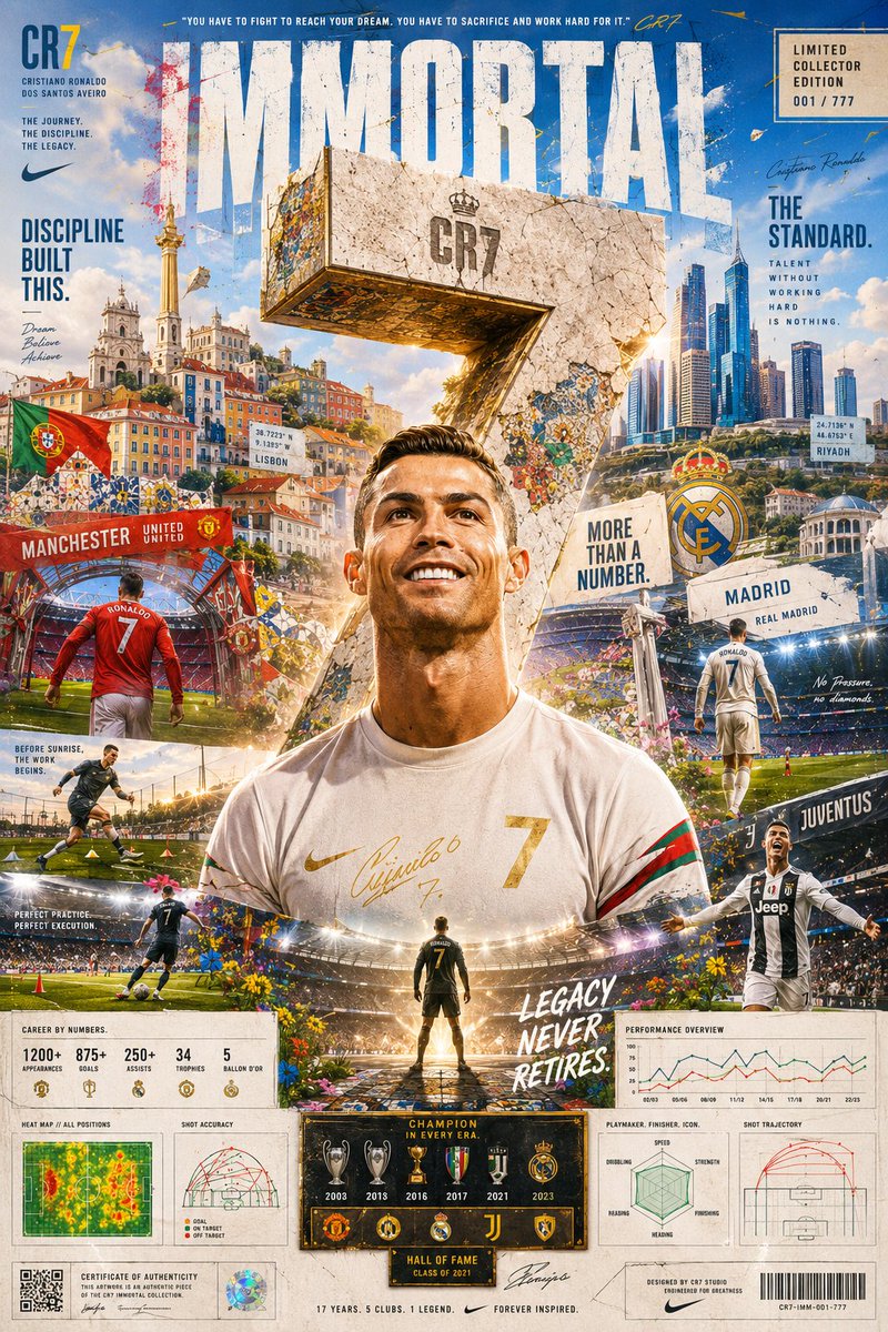 创作一个超高端的全球收藏家系列活动,主题为: CR7 // 永恒(IMMORTAL) 这不是一张足球海报。 它应该感觉像一款限量版收藏家印刷品、一场奢华的耐克广告大片、一件博物馆…