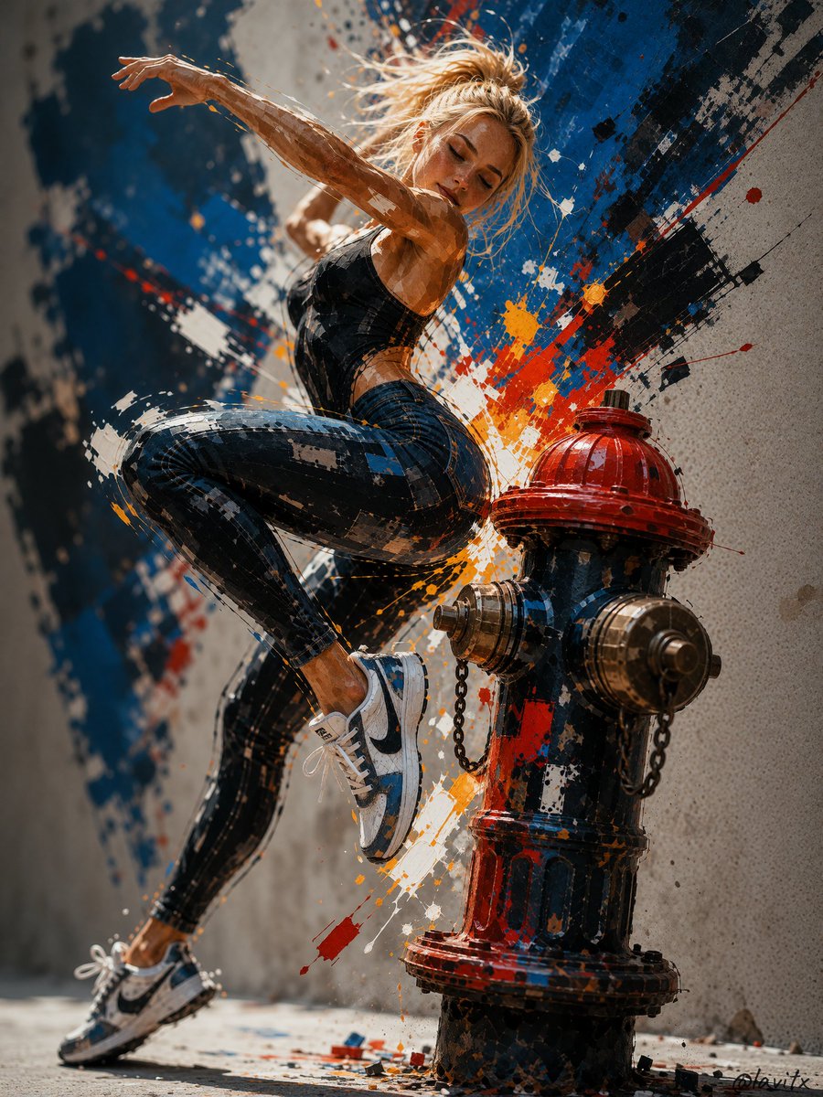 一幅极度细致、极繁主义的抽象表现主义油画，描绘了 M4rgaux_00 作为一位力量感十足的运动员形象，在戏剧性的方向性光线中跃过一片混乱的城市构图；她的身形由流畅的黑色曲线和深…