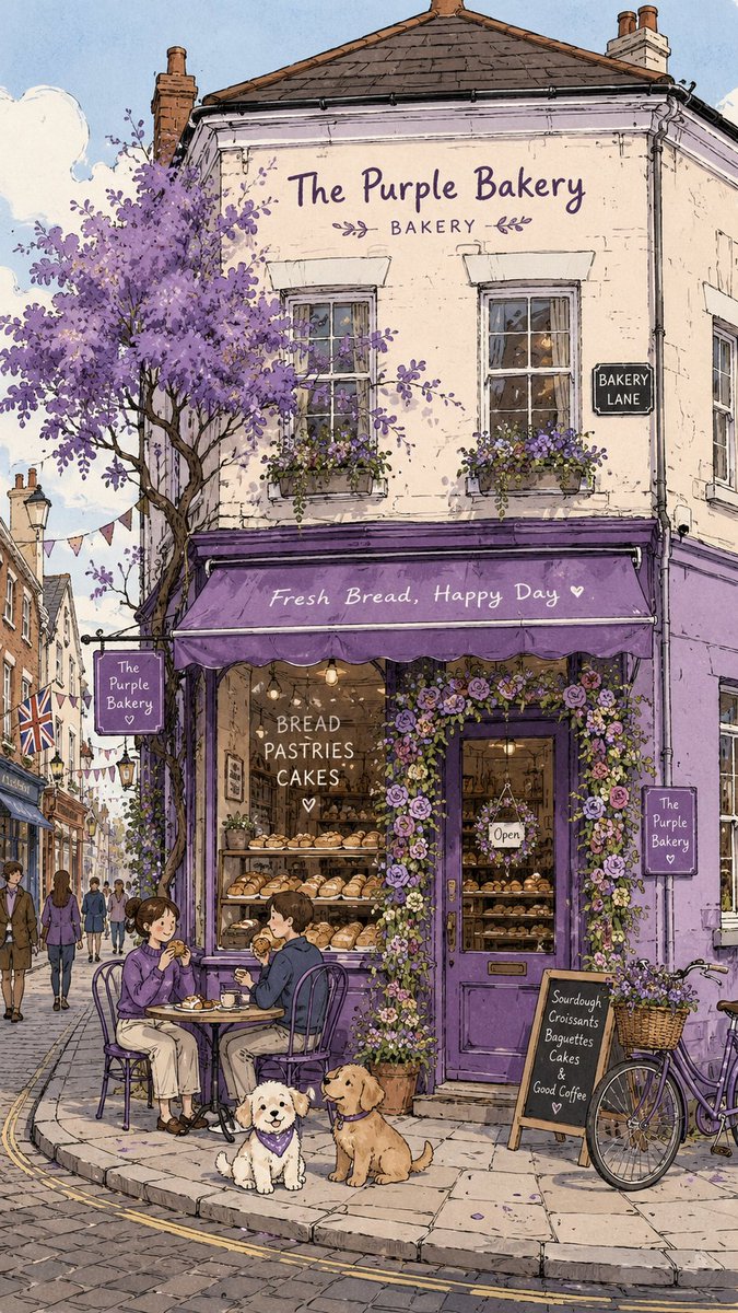 英国街上的紫色烘焙店是一家两层楼高的街角店面,出售各种面包,吸引了许多顾客。门上装饰着鲜艳的花朵,门口摆放着椅子,顾客坐在那里吃面包,门口有一棵紫色的树,门口停着一辆自行车,门口…