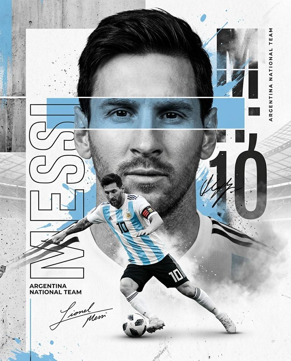 创作一张高端体育海报，采用 Nike × FIFA世界杯编辑级广告大片风格。以一位传奇足球运动员作为主角，采用充满力量感的全身动态动作姿势，叠加在一幅超大的灰度特写肖像之前。横跨…