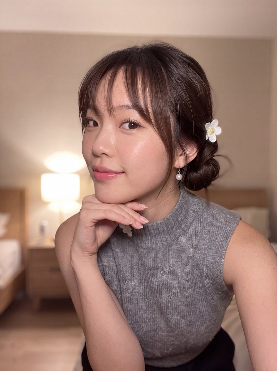 超写实智能手机自拍:一位美丽的年轻东亚女性,拥有白皙透亮的瓷器肌肤,随意低垂的发髻,稀疏的刘海,戴着一枚小巧的白色花朵发夹。她佩戴珍珠吊坠耳环,穿着灰色针织无袖高领毛衣,领口有一…