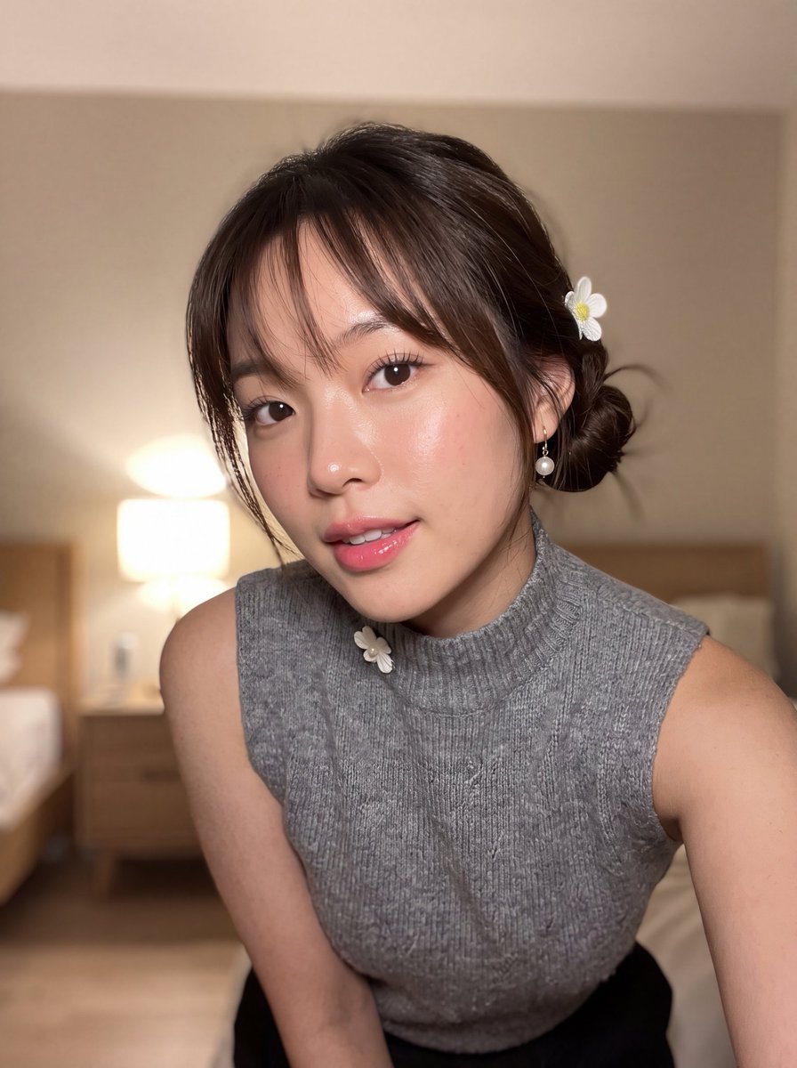 超写实智能手机自拍:一位美丽的年轻东亚女性,拥有白皙透亮的瓷器肌肤,随意低垂的发髻,稀疏的刘海,戴着一枚小巧的白色花朵发夹。她佩戴珍珠吊坠耳环,穿着灰色针织无袖高领毛衣,领口有一…