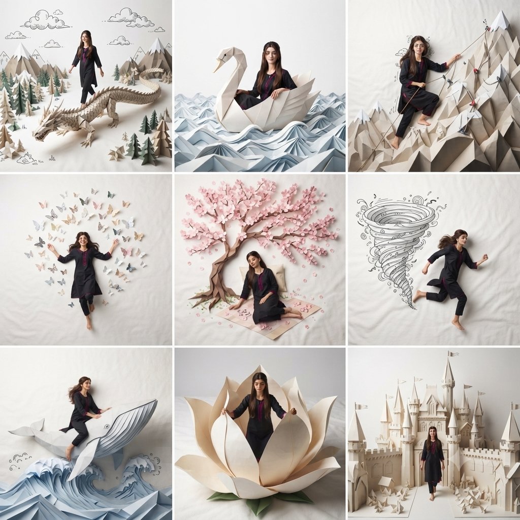 一个专业的 3x3 拼贴画，画面中是同一张上传参考图中的美丽女性，保持完全一致的面部特征、发型、眼镜以及真实的比例。 采用自上而下的俯视视角，背景为洁净的白色毯子。 每一格里，她…
