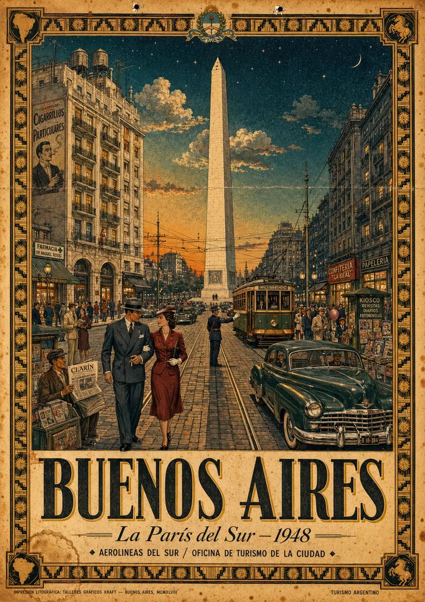 1948年的布宜诺斯艾利斯，像一张从未印刷的旅行海报。 方尖碑、有轨电车、黄昏时的9月大街。 我盯着它看了很久。 gpt image 2. prompt 👇 { "id": "b…