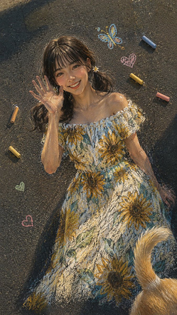 一幅惊艳的超写实粉笔艺术杰作,画在质感粗糙的深色沥青街道表面上,以高角度镜头拍摄。同一位美丽的年轻东亚女性,留着整洁时尚的刘海,被画成欢快挥手的姿势,她的手举起靠近脸颊。她穿着一…