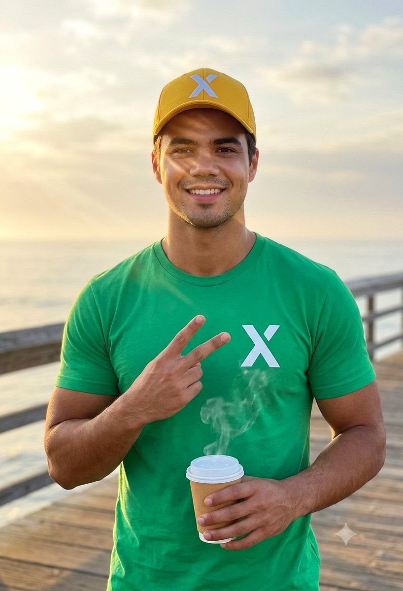清晨的胜利🎉 🌅 以风景、一杯咖啡和满满的"X"元素开启新的一天。 Google gemini 提示词分享: 一个中等景别的镜头,一位30岁出头、心情愉悦的男士站在木质海港栈桥上…