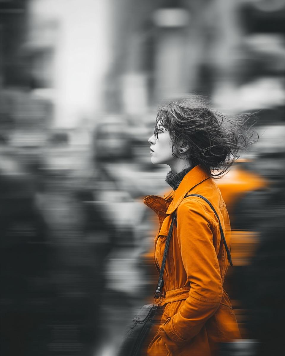 一位年轻女性穿过熙攘的城市人群的街头电影感人像，采用追拍手法拍摄。主体保持极度清晰锐利，而周围的行人则化为柔和的横向动态模糊，营造出强烈的运动感与孤独感。整体环境为黑白单色调，仅…