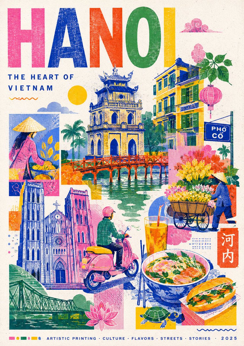 创作一幅以孔版印刷（Risograph）为灵感的时尚现代旅行海报，主题为{DESTINATION_NAME}。使用简化的插画图像来表现目的地最具标志性的地标、建筑、风景、文化元素…