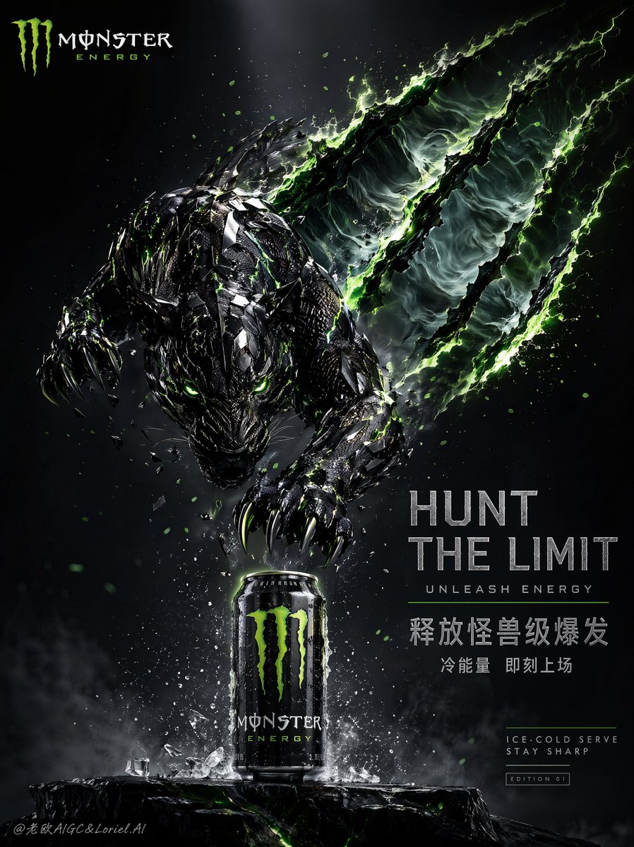 为 Monster Energy 饮料创作一张“高端原创品牌KV海报”,竖版 4:5,必须与前两组完全不同形式。本次以“野兽本体动作”作为绝对主角,做成国际级运动饮料广告 + 电…