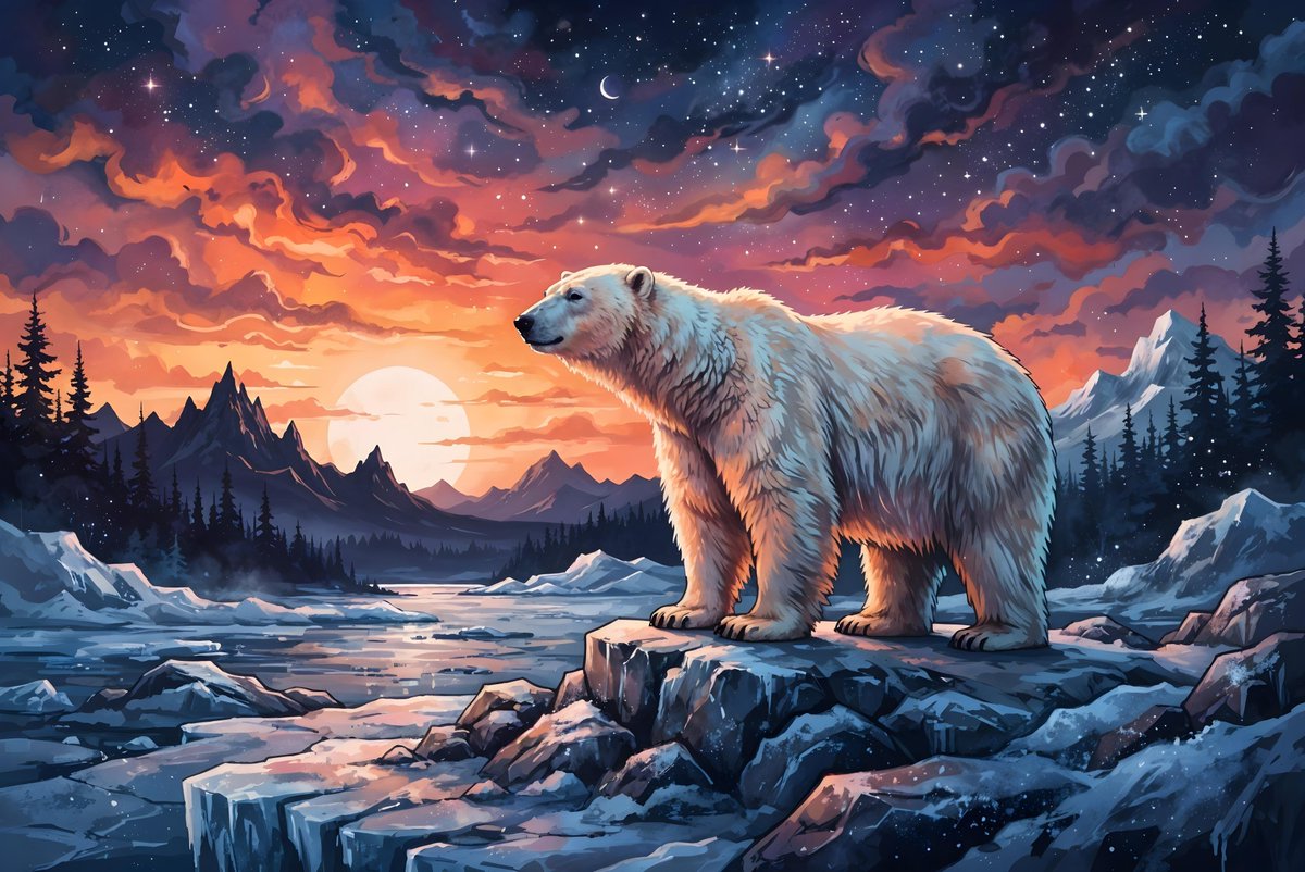 一幅插画：一只威严的北极熊站立在岩石与冰雪交错的地形上，落日余晖为它洁白的毛发染上蓝色与黄色的色调。背景是一片戏剧化的天空，橙色、粉色与深蓝色的漩涡状云层翻涌其间，点缀着点点星辰…