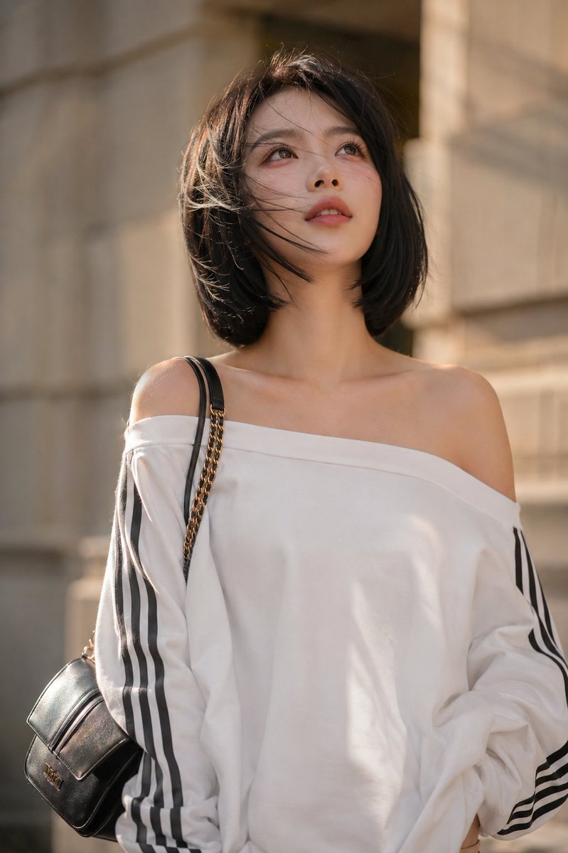 电影感人像肖像：一位年轻女性，留着利落的黑色齐下巴波波头发型，拥有无瑕的瓷白肌肤，柔和自然的高级感妆容配以玫瑰色腮红和光泽唇彩。她神情梦幻而沉思地向上凝视，温暖的金色时刻阳光照亮…