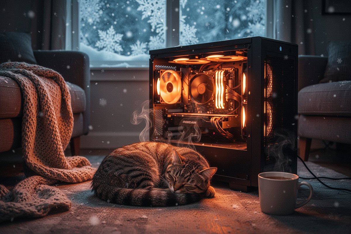 “一张温馨的电影感照片,拍摄于飘雪的冬夜,昏暗的客厅里没有壁炉,取而代之的是一台打开侧板的PC主机机箱,在显卡所在的位置散发着温暖的橙色光芒,像壁炉一样辐射着热量。一只家猫蜷缩在…