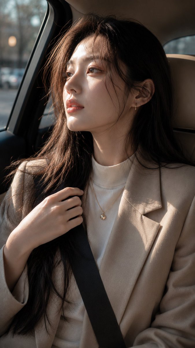 一张超写实的美女人像摄影作品,镜头中的美丽年轻韩国女性坐在豪华轿车的副驾驶座上,整体呈现柔和的编辑级时尚摄影风格。温暖的午后阳光透过侧窗斜斜地洒落在她的脸上,光线呈柔和的对角线条…