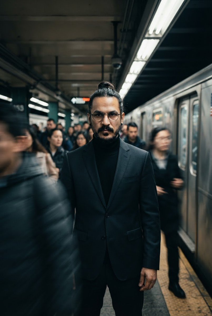 试试这个提示词 ⤵️ 一位时尚男士站在繁忙的地铁站台上的电影感肖像,身穿深色定制西装和黑色高领毛衣,戴着圆框眼镜,表情严肃自信,匆忙走过的通勤者在他周围形成动态模糊,地铁列车停在…