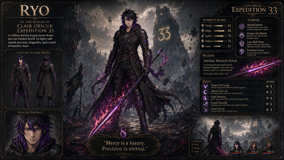 以上传的角色参考表（CHARACTER REFERENCE SHEET）作为绝对的身份权威依据。 创作一张宽幅 16:9 的电影级奇幻 RPG 档案海报，展示该角色在《Clair…