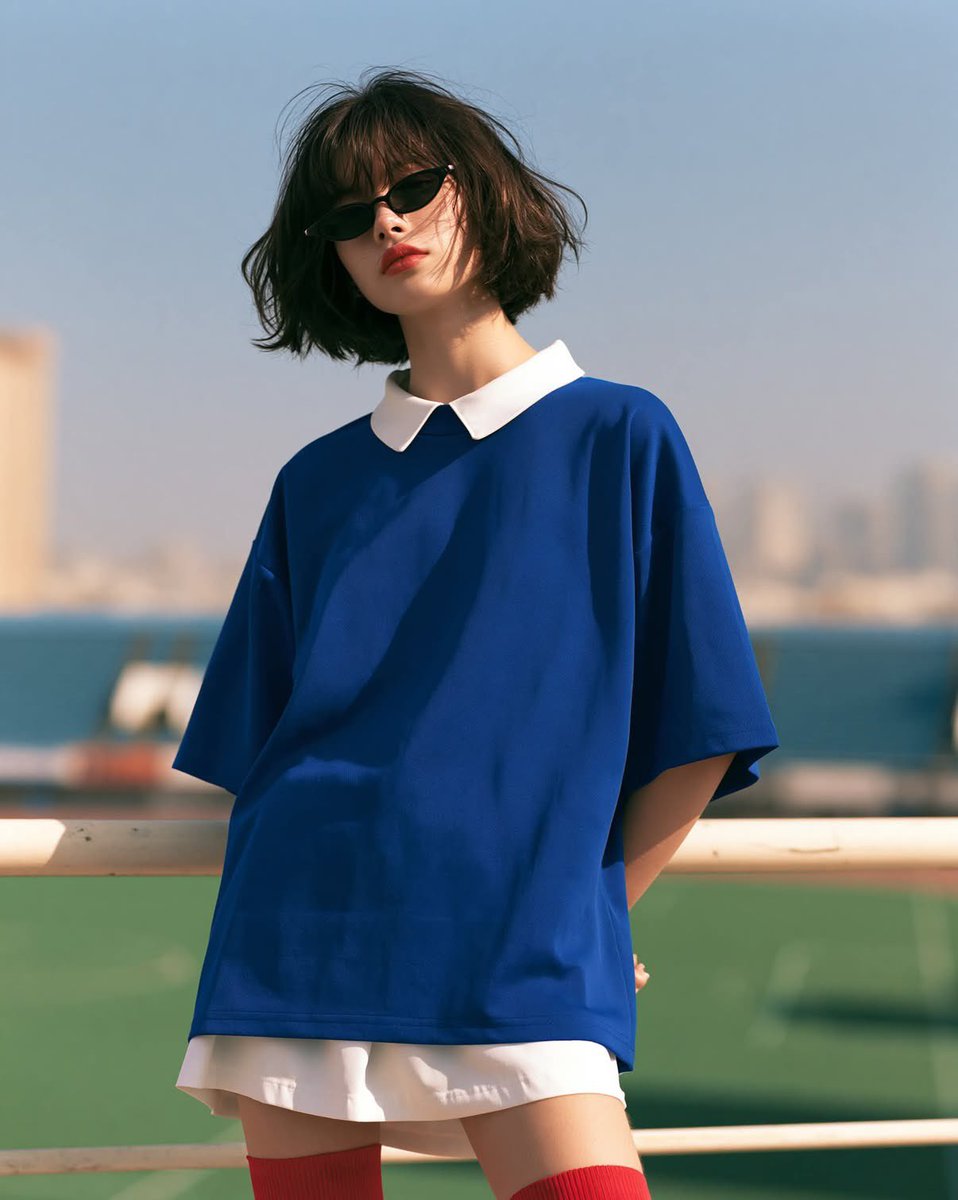 忧郁运动时尚编辑风格人像,时尚年轻女子随意站立于干净极简的足球场景中,放松自然的姿态,亲切平易近人,但神情冷静酷感,略带一丝不羁的轻松能量,中景至四分之三构图…