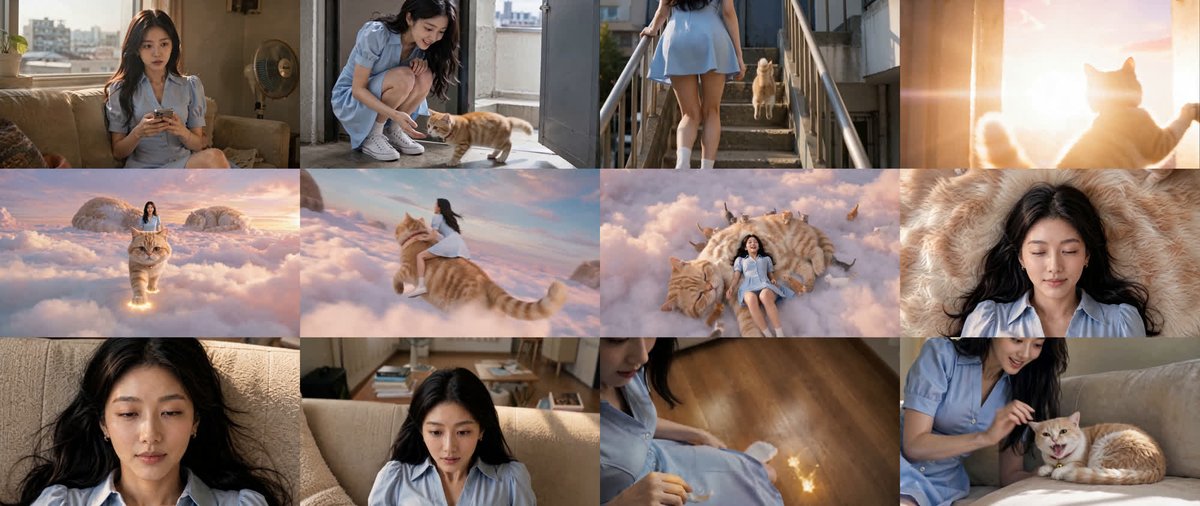 🎬 完整提示词 — "Rooftop Cat / 옥탑방 고양이" 45秒 Seedance 2.0 · 16:9 · 3 段带时间码的分镜 · 分镜网格参考 统一主体（所有分镜…