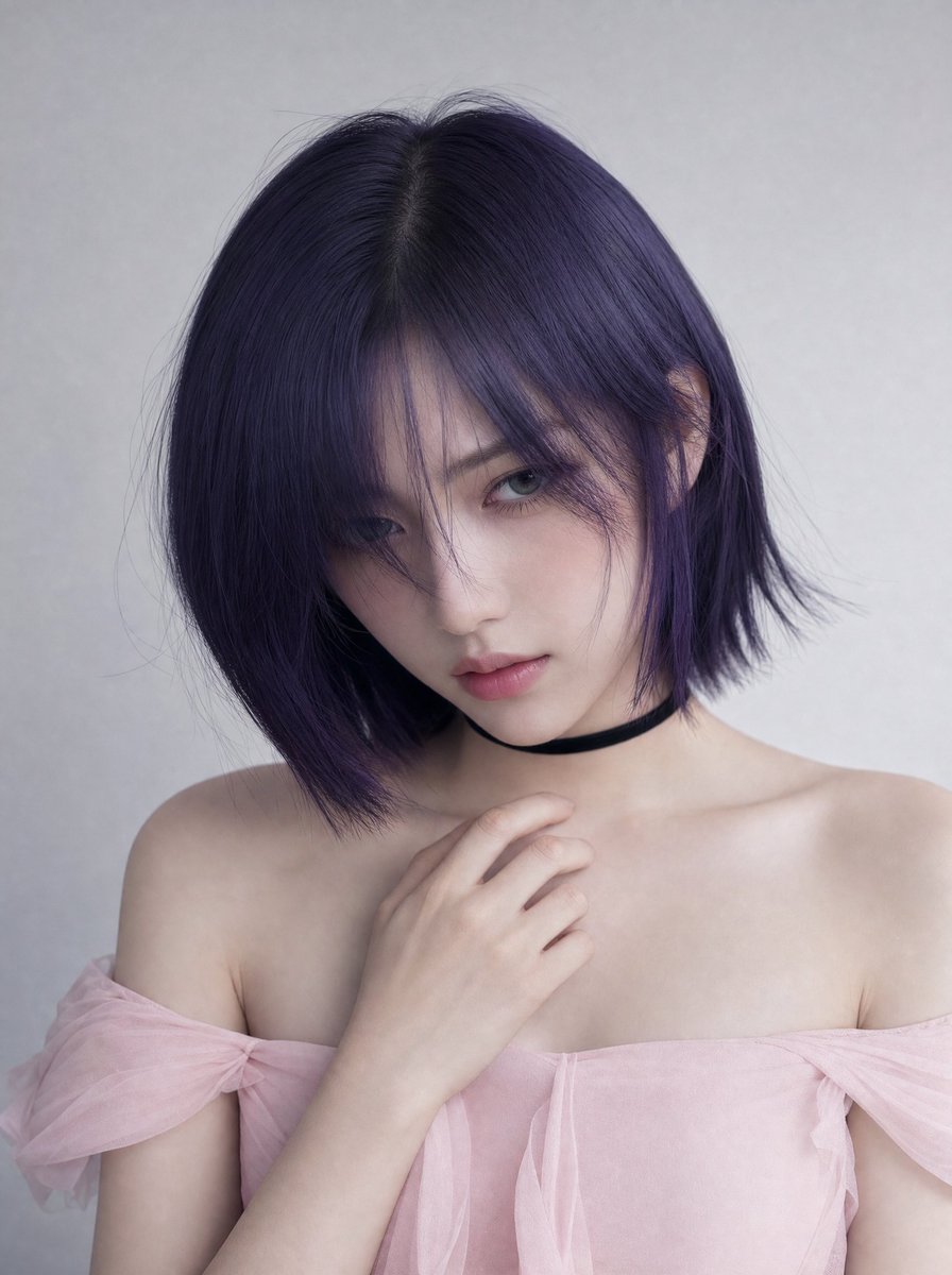 GPT Image 2 提示词 一位年轻东亚女性的全身镜面自拍,她留着时尚的短款深紫黑色波波头,带有柔和的层次和刘海,皮肤白皙,妆容淡雅,使用深色眼线。她身穿一件浅粉色一字肩荷叶…