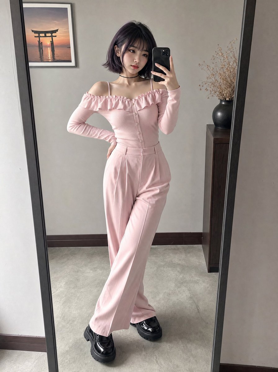 GPT Image 2 提示词 一位年轻东亚女性的全身镜面自拍,她留着时尚的短款深紫黑色波波头,带有柔和的层次和刘海,皮肤白皙,妆容淡雅,使用深色眼线。她身穿一件浅粉色一字肩荷叶…