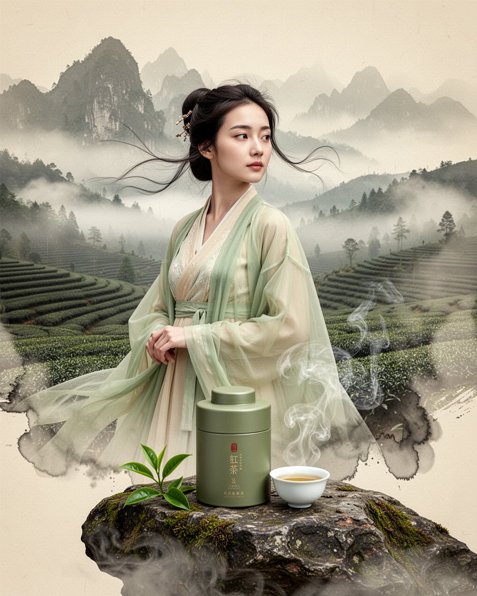 那股围绕茶罐飘动的蒸汽就是这整张图的氛围所在。我把你的场景丢进本地 Flux 2 跑了一下,想看看水墨雾气的表现能撑住多少——它总是想往模糊跑,所以窍门就是靠"ink-wash…