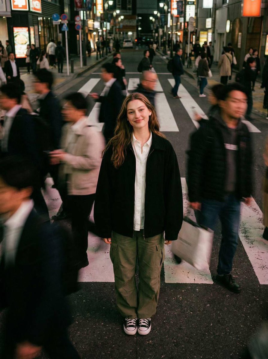 超写实电影感街头人像：一位年轻人夜晚站在繁忙人行横道正中央，纹丝不动地对镜头微微微笑，四周是长曝光产生的运动模糊快速流动人群。日本都市氛围，霓虹灯牌发光，温暖的路灯，以及一条对称…