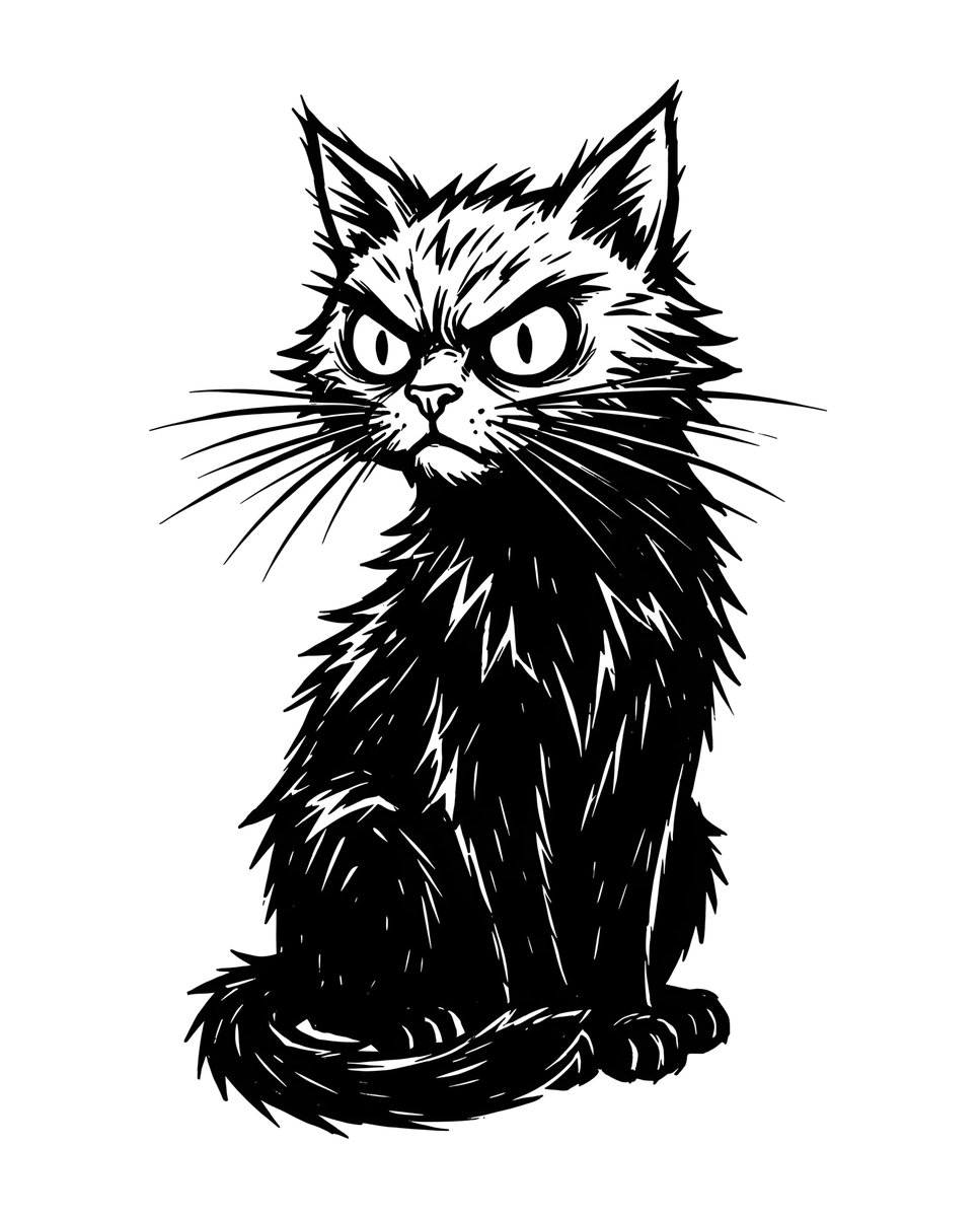一幅黑白插画，画的是一只黑猫，表情风格化，带有些许凶狠。这只猫坐姿端正，身体微微朝左，尾巴卷曲在它前爪周围。它的毛发用锯齿状的锐利线条表现，看起来有些尖刺感…