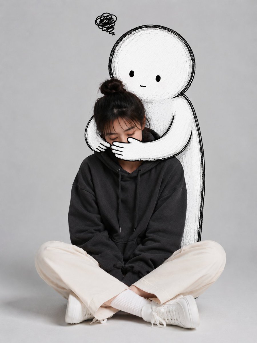 一幅可爱的极简风格人像照,拍摄一位年轻女性随意地盘腿坐在一个干净的工作室场景中,背景为浅灰色。她身穿一件超大号深炭灰色连帽衫、米色直筒长裤、白色袜子和厚底白色运动鞋。姿态放松地坐…