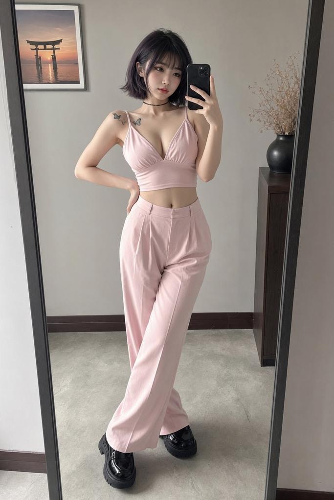 Higgsfield 上的 GPT Image 2 根据 @aishushu521 的建议修改了之前的提示词 提示词 一位年轻东亚女性的全身镜面自拍,留着时尚的深紫黑色短波波头…