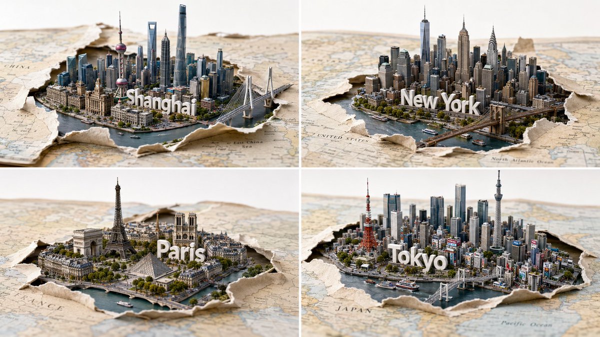 2x2 网格，16:9，4 个著名城市 A = { 纸质地图层：卷曲边缘、撕裂区域、纤维、分层纸材 } B = { 城市群：$LANDMARK_A..E + 推断出的标志性配套建…