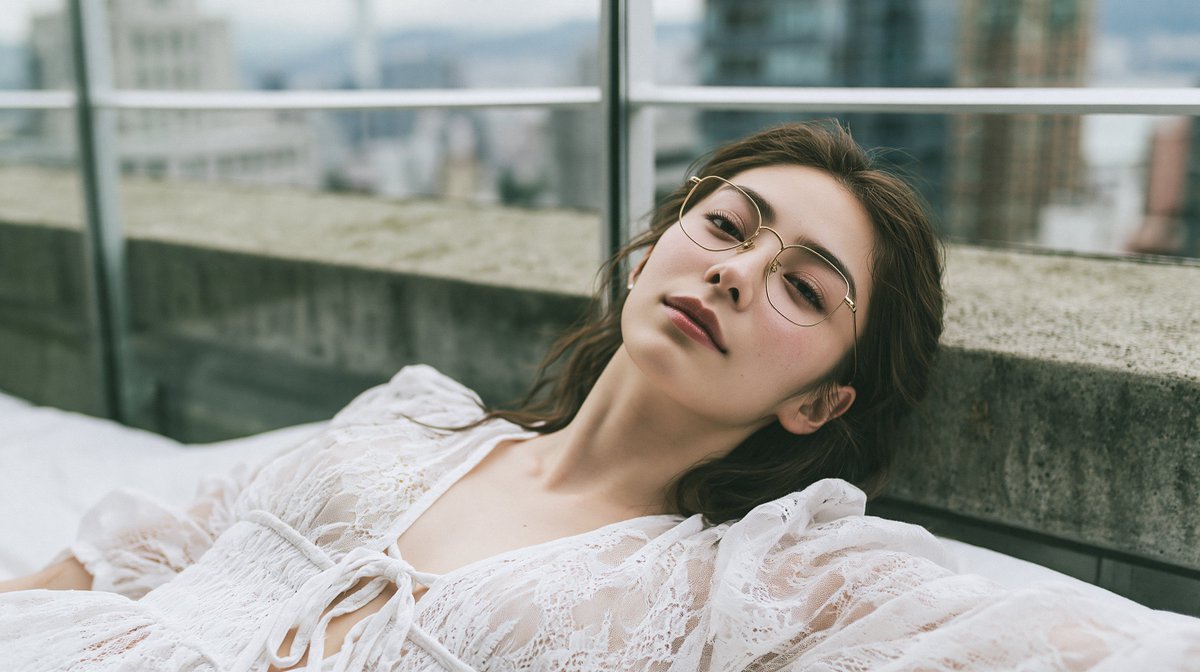 一位惊艳的二十多岁日本或韩国女性，戴着金色金属细框眼镜，身穿白色蕾丝泡泡袖系带领口衬衫，以自然躺卧的姿势斜靠在床沿；头部转向镜头，位于高楼屋顶边缘，背景有屋顶护栏和混凝土女儿墙…